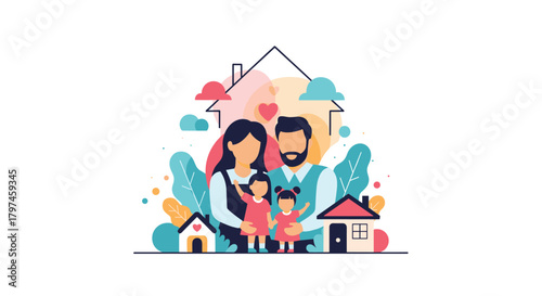 Happy family, including parents and two children, surrounded by houses and abstract shapes, symbolizing home, family love, and real estate.