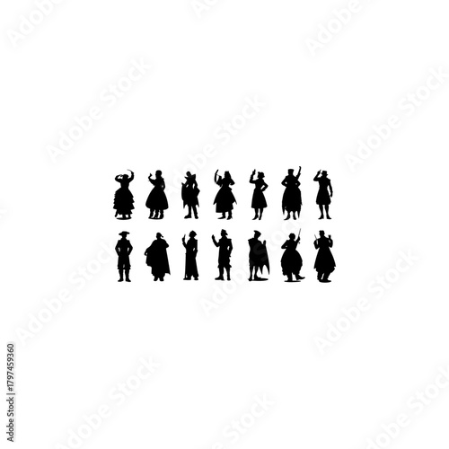 Silhouette people with theatrical masks, expressive gestures, dramatic poses, standing and bowing, emotional body language, diverse figures, communication, 