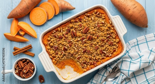 Delicious homemade sweet potato casserole with a pecan streusel topping, baked in a white dish and garnished with fresh sweet potatoes and cinnamon sticks