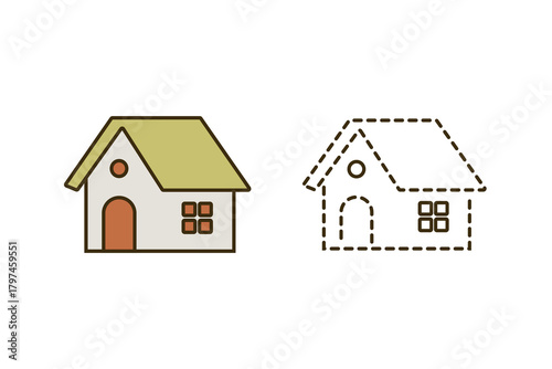 Cute little home icon, filled and dashed line illustration. Simple house icon with matching dotted outline. Great for maps, listings, kids’ designs and branding. Editable SVG/PNG.