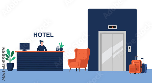 Hotel lobby interior with a reception desk, staff, elevator, and luggage, representing hospitality services and travel accommodation.