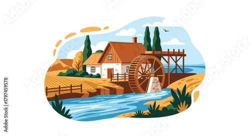 Traditional watermill house with a rotating wheel by a flowing river in a peaceful rural landscape, depicting old-fashioned technology.