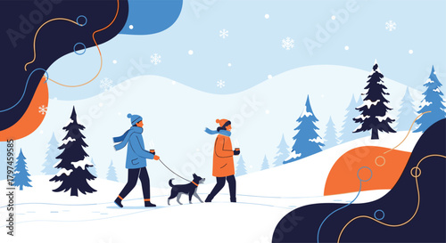 Couple walking their dog in a serene snowy winter forest landscape, enjoying cold weather and nature with abstract shapes.