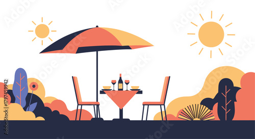 Outdoor summer dining scene with a table set for two under an umbrella, surrounded by lush plants, ideal for romantic meals.