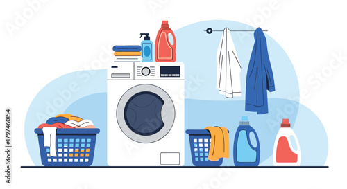 Modern home laundry room scene with an active washing machine, baskets full of clothes, and various detergent bottles on the shelf.