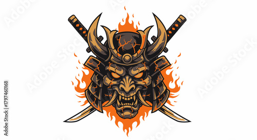 Illustration of a samurai mask with crossed swords behind it, surrounded by flames, on a white background.