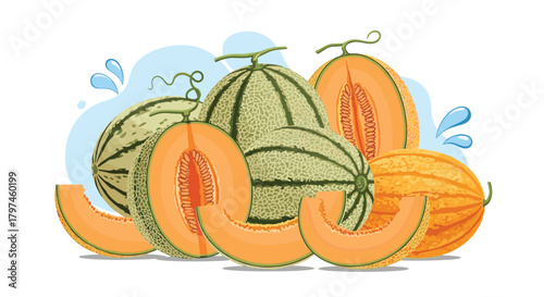 Collection of fresh ripe melons, including cantaloupe and honeydew, whole and sliced, with water splashes, promoting healthy fruit consumption.