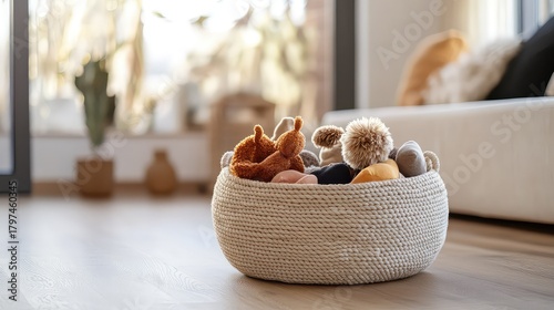 A stylish, woven rope toy basket overflowing with a curated selection of modern dog toys in muted earth tones, placed on a light hardwood floor, chic pet ownership, soft natural light. 