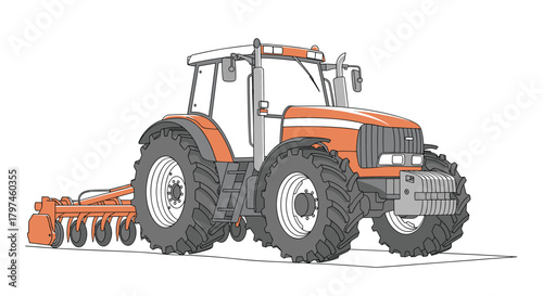 Modern agricultural tractor with a plow attachment, representing farming, cultivation, and heavy machinery in the rural industry.