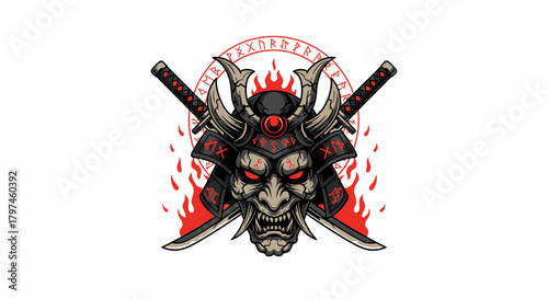 Samurai mask with crossed swords and flames, surrounded by a circle of runes, on a white background.