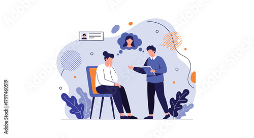 Psychologist conducting a therapy session with a female patient, who is contemplating personal thoughts and relationships, offering support and guidance.