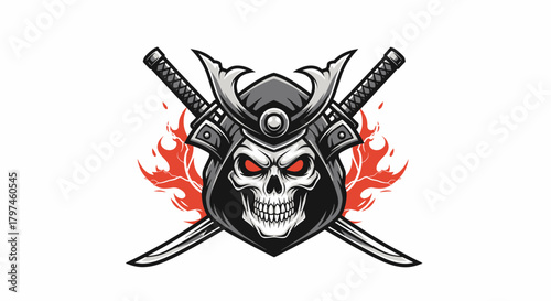 A stylized illustration of a skull wearing a samurai helmet with crossed swords and flames.
