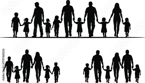 Silhouette illustration of families walking together holding hands with parents and children representing unity, bonding, love, support and family relationship