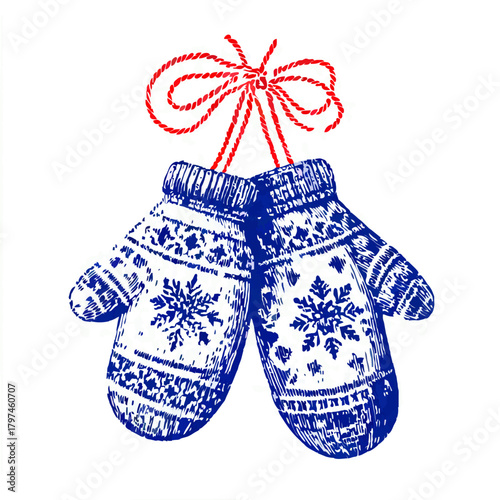 Two knitted mittens with snowflake pattern hang together

