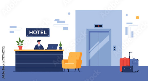 Hotel lobby interior with a reception desk, staff, elevator, and luggage, representing hospitality services and travel accommodation.