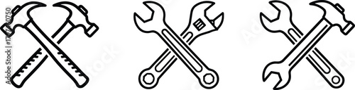 Black and white crossed tools icons — hammer, wrench, and spanner line art symbols for mechanic, repair, and construction design