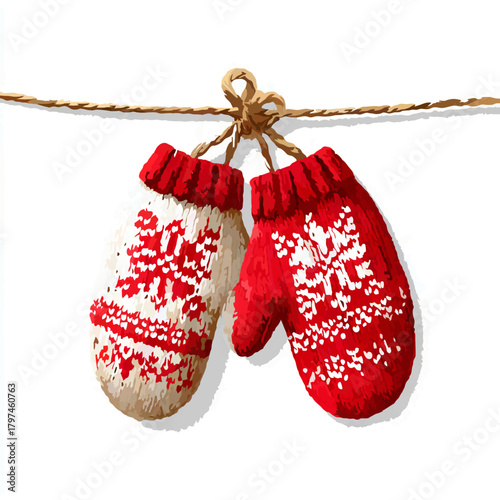 Two knitted mittens with snowflake pattern hang together
