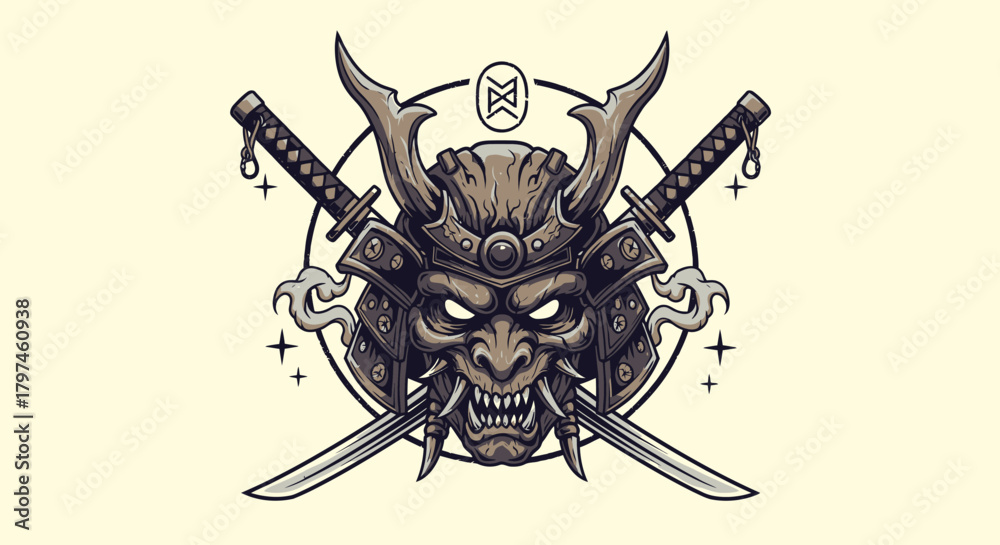 Fototapeta premium Illustration of a samurai mask with crossed katanas and decorative smoke elements on a light background.