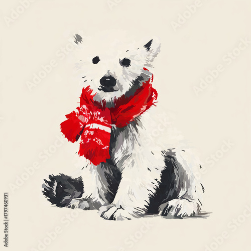 Polar Bear Cub Wearing a Red Scarf Standing Proudly


