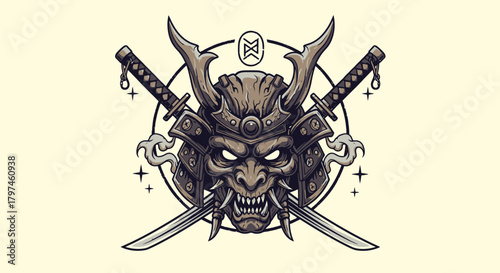 Illustration of a samurai mask with crossed katanas and decorative smoke elements on a light background.