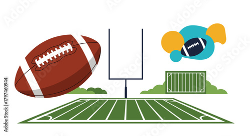 American football field with goalposts and footballs, symbolizing the sport, game, and athletic competition with abstract elements.