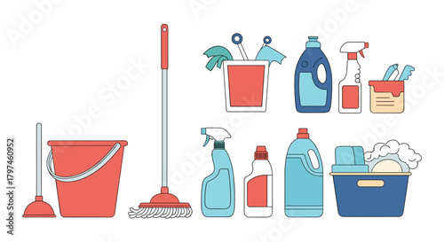 Collection of various cleaning tools and products, including mops, buckets, sprays, and detergents, for household chores and hygiene.
