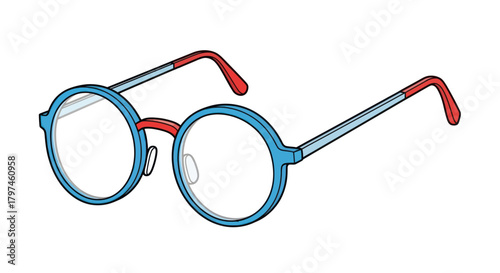 Round Eyeglasses with Blue Frames and Red Temples Stylish Eye Protection.