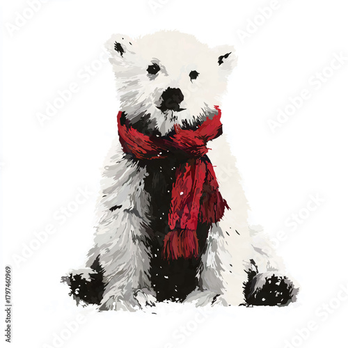 Polar Bear Cub Wearing a Red Scarf Standing Proudly

