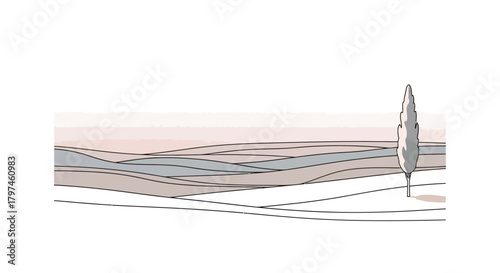 Minimalist landscape with gentle rolling hills and cypress tree offers serenity and calm, ideal for branding or website design projects needing peace