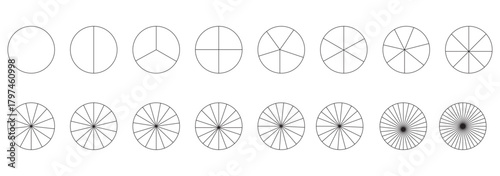 Segmented circles set. Diagram wheel parts. Line art segment slice sign. Circle section graph. Pie chart icon. Round diagram part infographic. Geometric element. Vector illustration