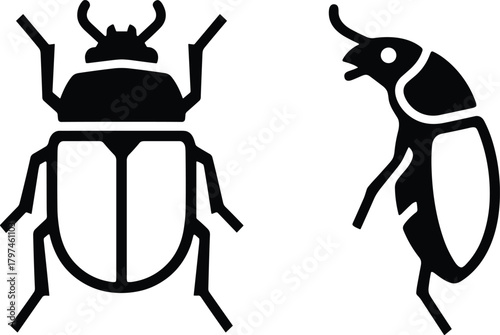 Black insect vector illustration featuring stylized beetle icons, simple silhouette bug designs, minimal line art insects for graphic and logo use
