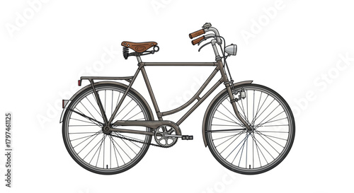 Classic Gray Bicycle with Brown Leather Seat and Handlebars.