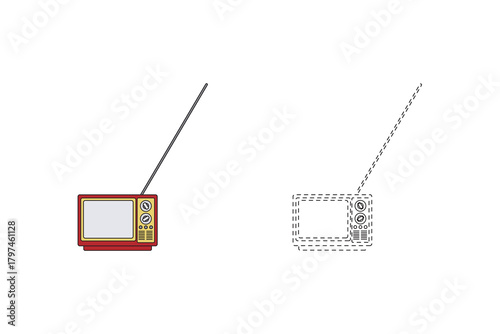 Retro tv icon, colour and dashed line vector. Retro television vector with colored version plus dashed outline. Ideal for media, podcasts, vintage branding and UI. Scalable SVG/PNG.
