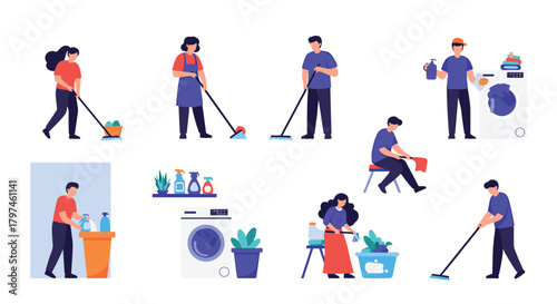 Set of flat cartoon characters performing various household chores and cleaning activities, including mopping, sweeping, wiping, and doing laundry.