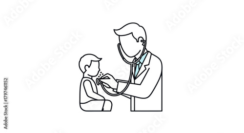 Doctor examining a child with a stethoscope line art illustration.