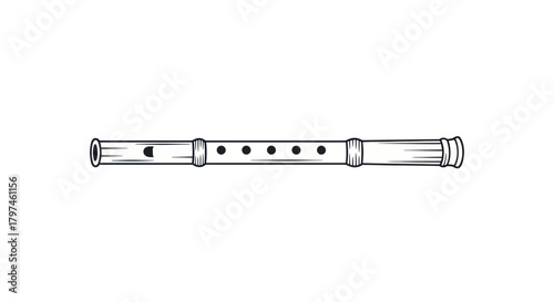 Detailed Sketch of a Wooden Recorder Musical Instrument.