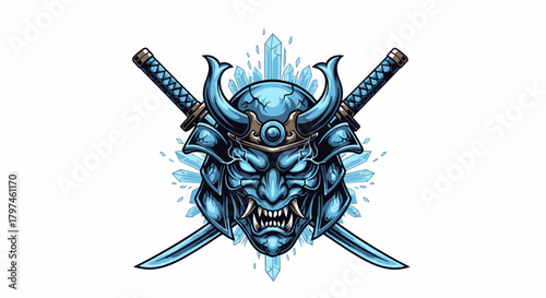 A stylized illustration of a samurai mask with crossed swords, ice-themed.