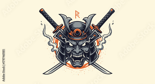 Illustration of a samurai mask with crossed swords behind it, surrounded by smoke on a light background.