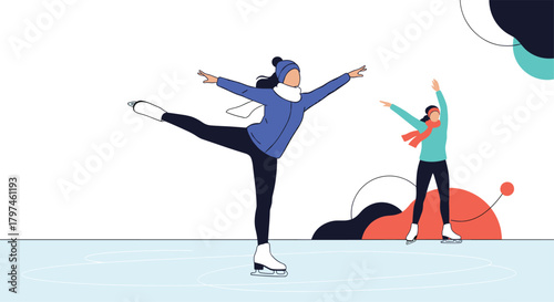 Two women ice skating elegantly on a rink, with one performing a graceful pose and the other practicing in the background.