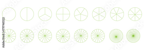Segmented circles set. Diagram wheel parts. Line art segment slice sign. Circle section graph. Pie chart icon. Round diagram part infographic. Geometric element. Vector illustration