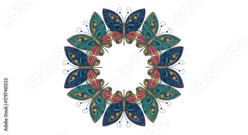 Intricate Circular Mandala Design Formed by Colorful Butterflies.