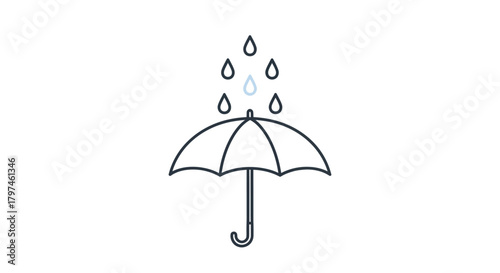 Black outline umbrella icon with falling raindrops.