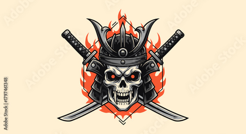 A stylized illustration of a samurai skull wearing armor with crossed swords and flames.