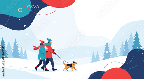 Happy couple enjoying a leisurely walk with their dog through a serene, snow-covered winter forest landscape, with trees and falling snowflakes.