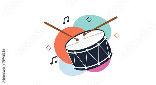 Dynamic illustration of a snare drum with drumsticks, surrounded by musical notes and vibrant, abstract decorative elements.