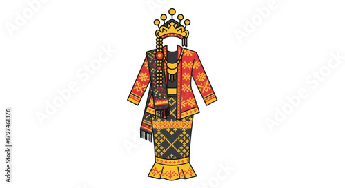Traditional Batak Karo Bride Attire with Elaborate Headdress and Woven Skirt.