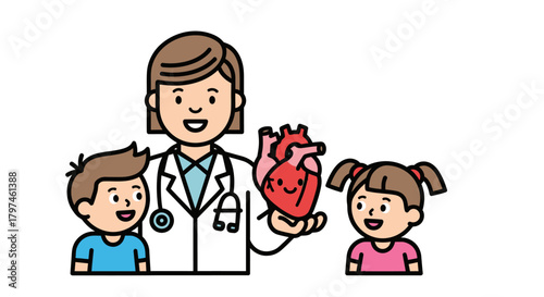 Friendly cartoon doctor explains human heart to happy children.