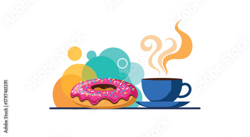 Delicious pink frosted donut with colorful sprinkles paired with a steaming hot cup of coffee, perfect for a sweet treat or breakfast.