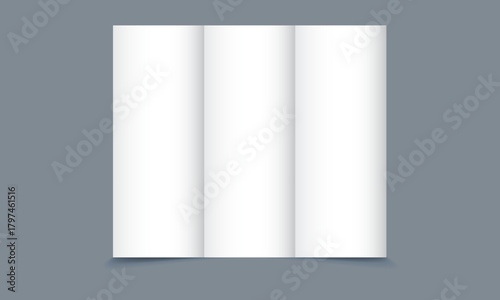 Blank trifold cover flyer on grey background. Brochure mockup 3D vector illustration. Realistic blank square business card illustration for mockup. 3D Render.