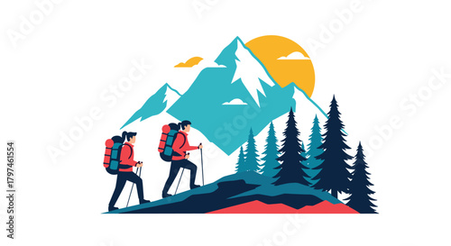 Two adventurous hikers with backpacks and walking sticks ascending a mountain trail, surrounded by pine trees under a sunny sky.